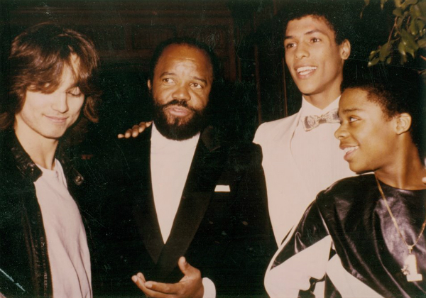 Glen Eaton, Berry Gordy, Taimak and Leo O'Brien at the Los Angeles premiere of The Last Dragon in 1985.